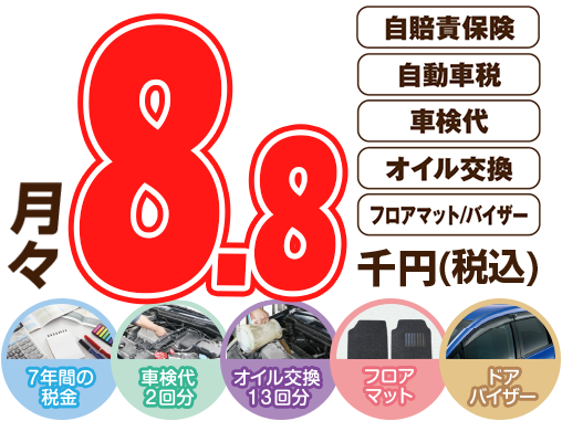 月々１万円（自賠責保険、自動車税、車検代、オイル交換、フロアマット、バイザーすべて込み）